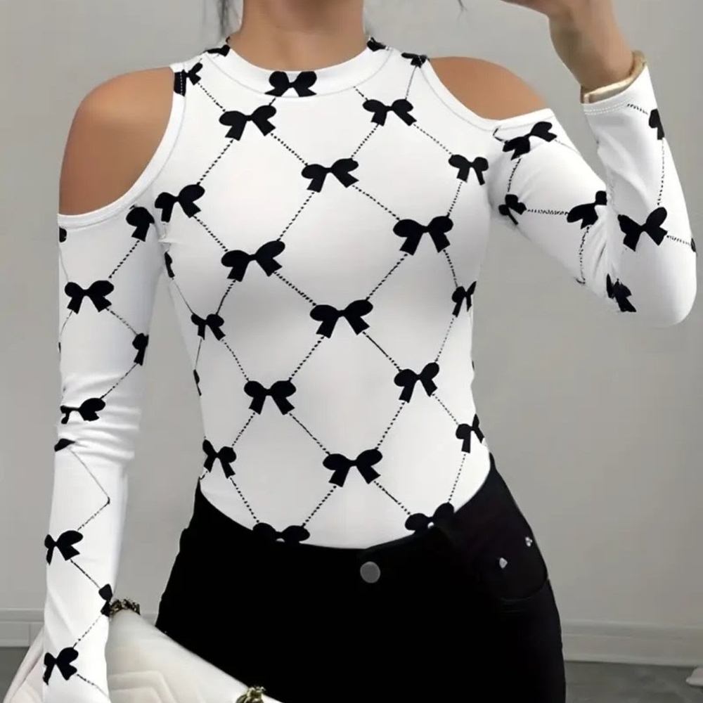 Women's Black and White Bow Pattern Long Sleeve Top